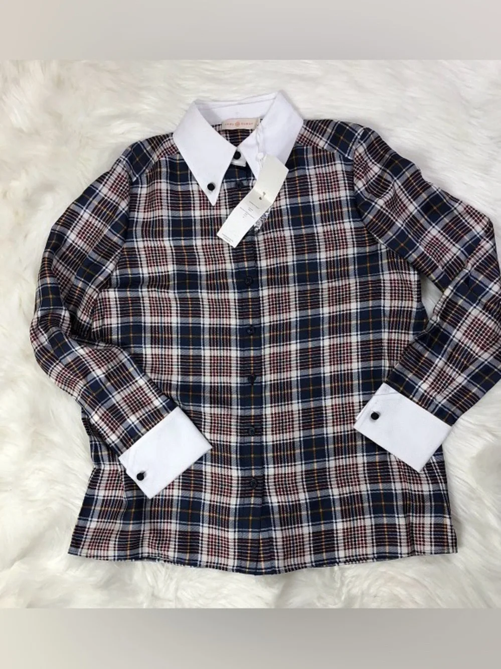 NWT Tory Burch Garrett Silk Plaid Long-Sleeve Blouse with Contrast Collar